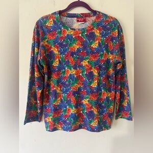 Vintage Beverly Hills Blues Sport-Colorful Leaf Pattern Long Sleeve Top